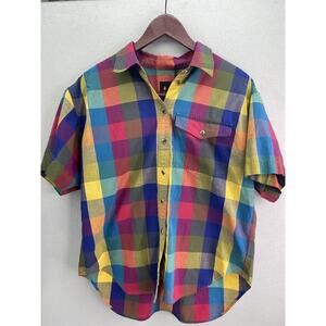 Retro 90s LizSport Rainbow Plaid Short Sleeve Shirt Bright Color Block Large